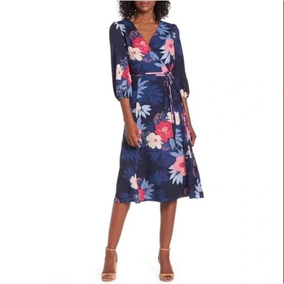 Eliza J Fall Winter Chic Floral Print Faux Wrap Tie Waist Midi Dress Navy - Picture 1 of 10
